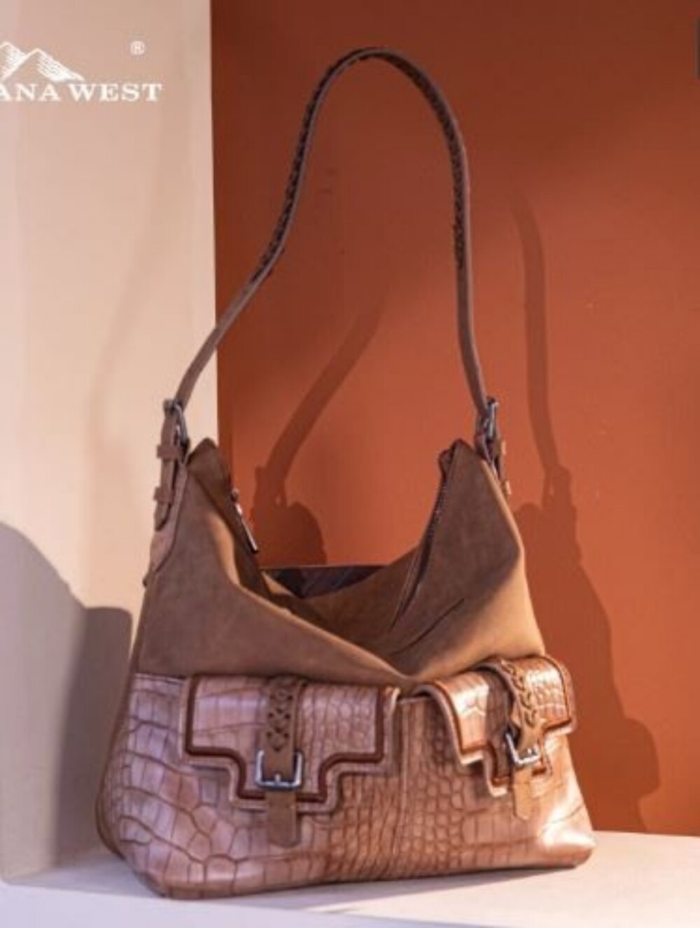 Montana West Conceal Carry Croc-Embossed Front Pockets Cognac Brown Tote Bag